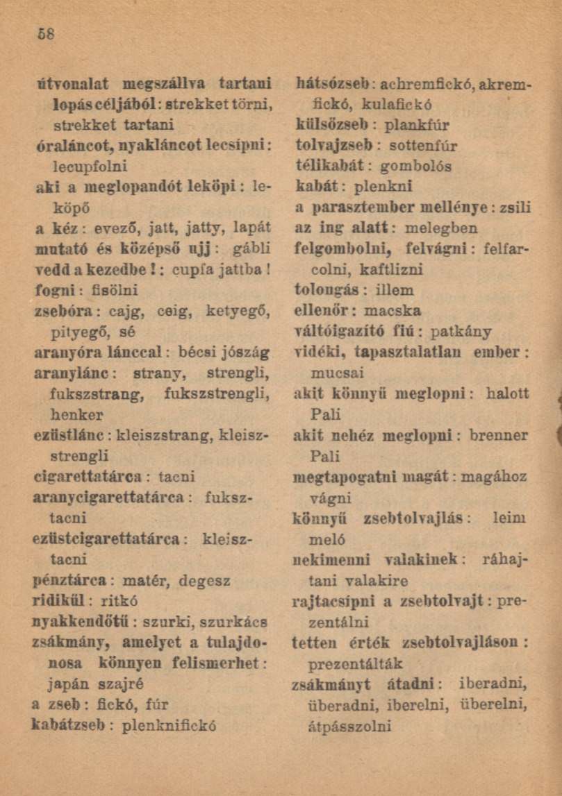 útvonalat megszállva tartani lopás céljából: strekket törni, strekket tartani óraláncot, nyakláncot lecsípni: lecupfolni aki a meglopandót leköpi: leköpő a kéz: evező, jatt, jatty, lapát mutató és