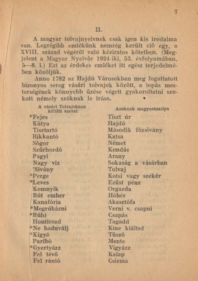 A magyar tolvajnyelvnek csak igen kis irodalma van. Legrégibb emlékünk nemrég került elő egy, a XVIII. század végéről való kéziratos kötetben. (Megjelent a Magyar Nyelvőr 1924-iki, 53.