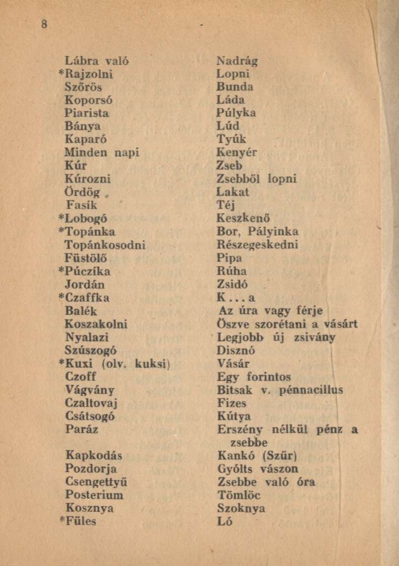 Lábra való *Rajzolni Szőrös Koporsó Piarista Bánya Kaparó Minden napi Kúr Kúrozni Ördög Fasík *Lobogó *Topánka Topánkosodni Füstölő *Púczíka Jordán *Czaffka Balék Koszakolni Nyalazi Szuszogó *Kuxi