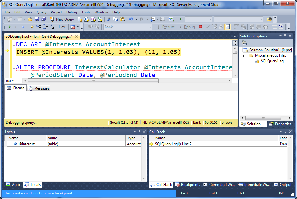 A MICROSOFT SQL SERVER 2012 ÉS A MICROSOFT SQL AZURE ALKALMAZÁSA 52. ábra - lépésenkénti futtatás a Debuggerben 10.