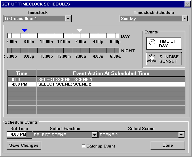 Események Az eseményeket a SETUP TIMECLOCK SCHEDULES menüpontban találhatjuk meg. A bal felső sarokban a kiválasztott tér nevét láthatjuk, a jobb felső sarokban pedig a napot.