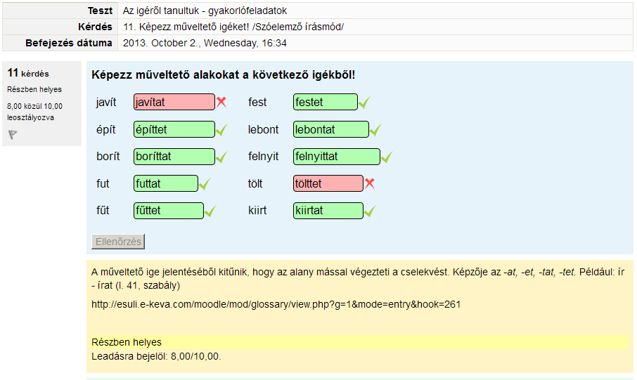 KUKTIN Erzsébet, VINKÓ Attila IKT-eszközök és e-learning a magyar nyelv és irodalom tanításában 5. kép: Szabálymagyarázat fogalomtári hivatkozással 3.4.1.