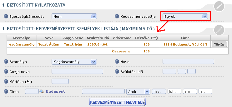 72 102. ábra: Töltse ki a kedvezményezetti nyilatkozatot! A fenti adatok a Kedvezményezett felvitele gomb megnyomására mentődnek el. 103.