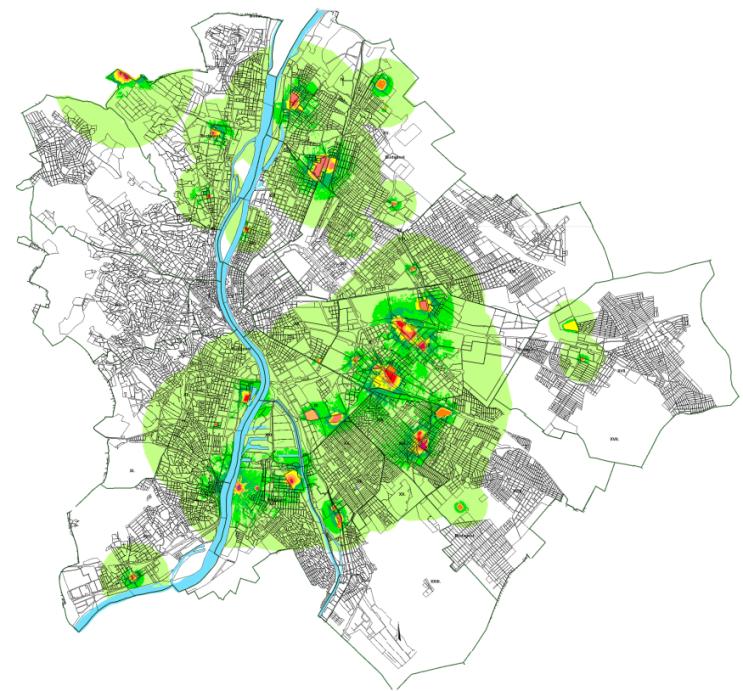 52. ábra: Üzemi zajterhelés Budapesten, L den (Adatforrás: Budapest és vonzáskörzete stratégiai zajtérképe 113 ) Összesített