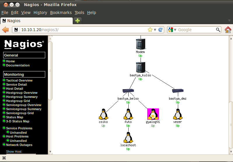 A Nagios adminisztrációs felületén egyértelműen látható, hogy melyik szolgáltatással van probléma. A szolgáltatások státuszát színkódok is jelzik.