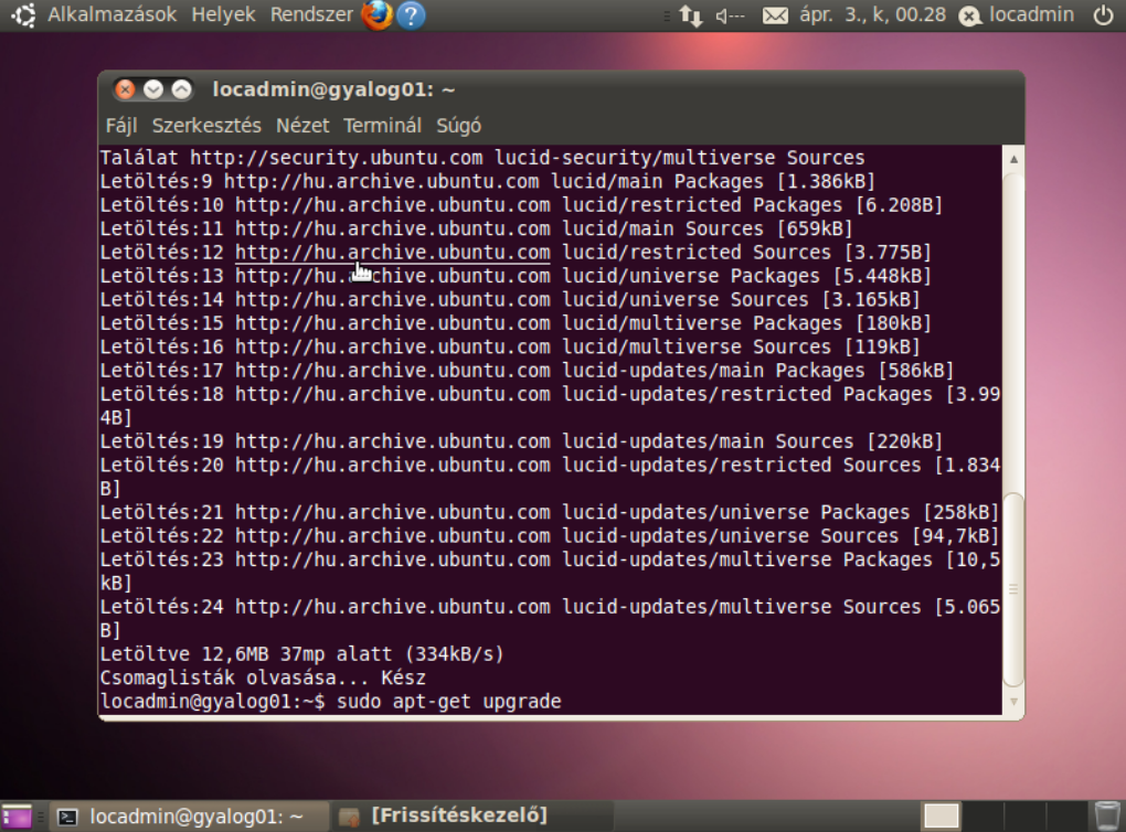 sudo apt-get upgrade 41. ábra. Kliens telepítés, rendszerfrissítés. Ezzel a rendszer frissítése megtörtént, alaprendszerünk naprakész.