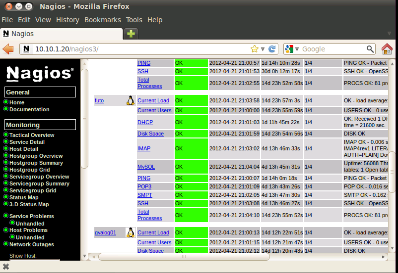 69. ábra. Nagios szolgáltatások figyelése A Nagios számos más monitorozó lehetőséget tartalmaz.