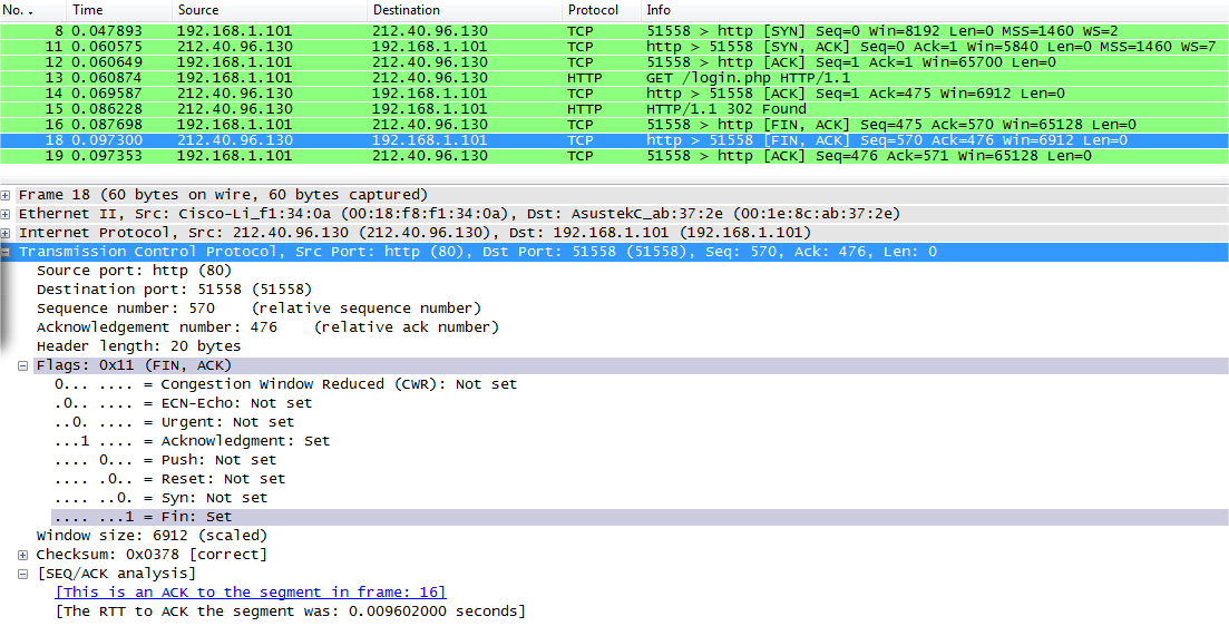 A TCP/IP PROTOKOLL MŰKÖDÉSE 5.2.1.8 8. LÉPÉS: ACK-FIN 5.28. ÁBRA PACKET #18 5.29. ÁBRA ACK-FIN Folytatódik a kapcsolat bontása.