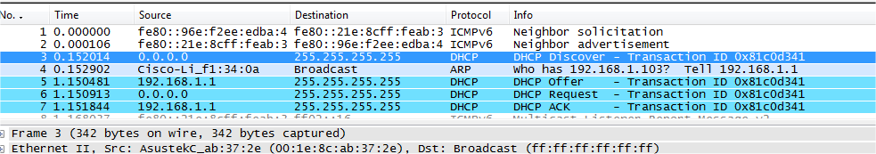 AZ ALKALMAZÁS RÉTEG PROTOKOLLJAI, SZOLGÁLTATÁSOK 6.1.3 DHCP FOLYAMATOK 6.1.3.1 EGY NORMÁLIS CÍMBÉRLÉS NYÉLBEÜTÉSE 6.5. ÁBRA DHCP CÍMBÉRLÉS Ha nekem nem hiszel, itt van egy fotó a capture fájlról. 6.6. ÁBRA DHCP CÍMBÉRLÉS Itt fogunk választ kapni az első kérdésünkre: hogyan tud kommunikálni egy kliens a hálkózaton IP cím nélkül?