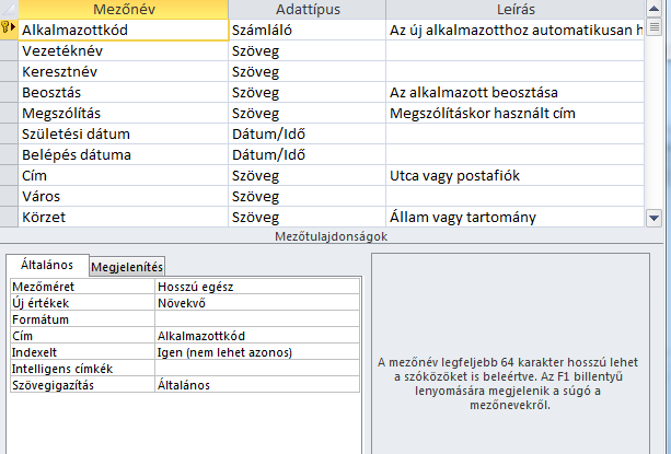 154 Adatbáziskezelés 5.4.5 Tervező nézet A tervező nézetben a táblázat struktúráját kell definiálni, melyet táblázatos formában kell megadni.