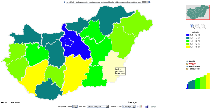 ábra Működő vállalkozásokból a mezőgazdaságban, erdőgazdaságban és halászatban tevékenykedők aránya, 2009 Forrás: http://www.ksh.hu/interaktiv/terkepek/mo/gazdsz.