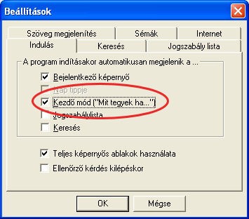 A Kezdő mód kijelölésével a Segéd a Jogszabálytár valamennyi indításakor automatikusan megjelenik.