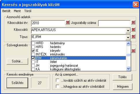 b) Szövegkeresés: az adatmezőbe tetszőlegesen beírhatjuk a jogszabályban előforduló szót, több szót, illetve szótöredéket.