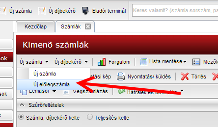 A két helyről történő megnyitás között csak az a különbség, hogy a számlalistában található Új díjbekérő nyomógombbal előleg díjbekérő is kiállítható, míg a program fő felületén a bal felső sarokban