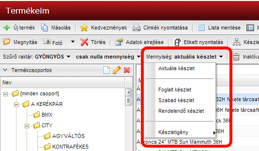 csak nullánál nagyobb mennyiség az előzőleg beállított szűrés csak azokat a termékeket jeleníti meg, ahol a mennyiség nullánál nagyobb, pozitív érték a kiválasztott szűrő helyen.