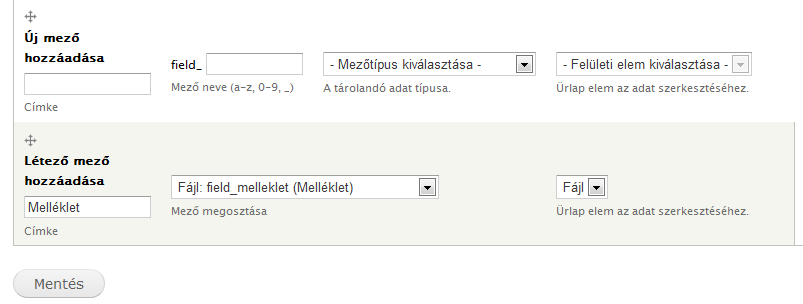 218. oldal 11. Entitás modulok 11.9. ábra. Létező mező hozzáadása A Mentés gomb után ismét a Melléklet mező beállításaihoz jutunk.