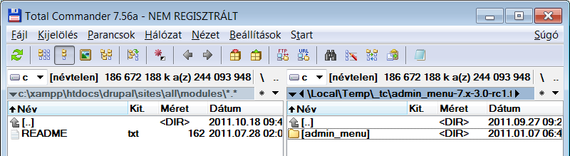 252. oldal 13. Külső modulok kiválasztása, telepítése Total Commanderrel a bal oldalt keressük meg a Drupal oldalunk sites/all/modules alkönyvtárát. A jobb oldalon lépjünk bele (pl.