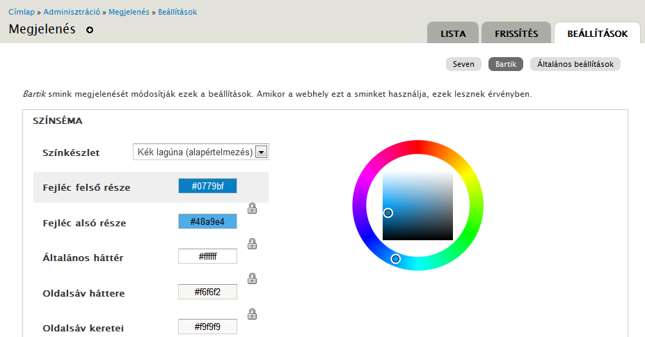 14.1. Sminkek beállítása 293. oldal 14.1.1. A Color modul Egyes sminkek (így az alapértelmezett Bartik is) a bekapcsolt Color alapmodullal képes lesz arra, hogy különösebb munka nélkül is lehessen