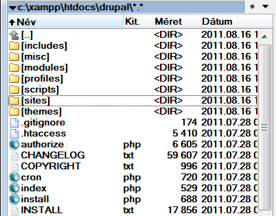 3.4. Kitömörítés localhost-ra 81. oldal 3.9. ábra. Kitömörítés után A htdocs/drupal/profiles/standard/translations alkönyvtárba másoljuk be a letöltött drupal7.7.hu.po állományt. 3.10. ábra. A fordítás állomány elhelyezése Ezzel készen állunk a lokális telepítésre.