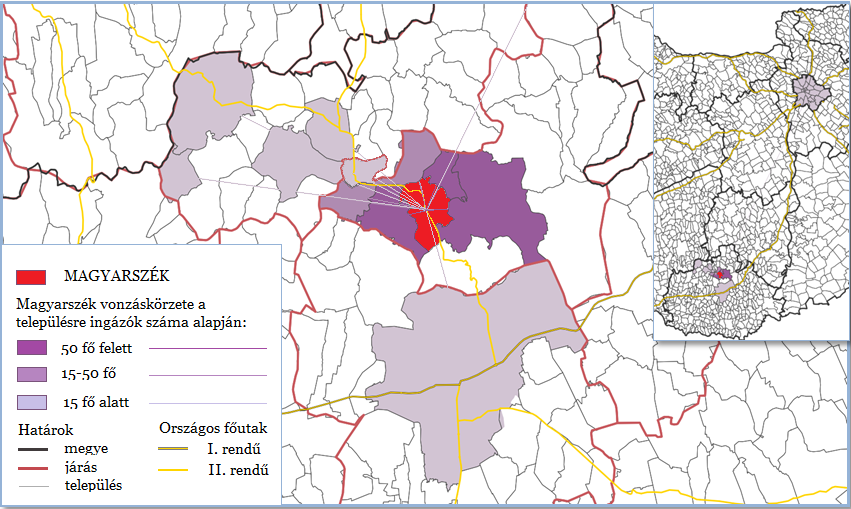 2. ábra: Magyarszékre ingázók vonzáskörzete. (TeIR Településhálózat 2011.) A település szerkezetét tekintve két belterületre, és több kisebb-nagyobb külterületi lakóterületre, zártkertekre oszlik.