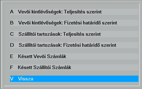 7. Kintlévőségek, tartozások (L) Dátumhatárok megadása után lista készíthető a vevői kintlévőségekről és a szállítói tartozásokról teljesítés