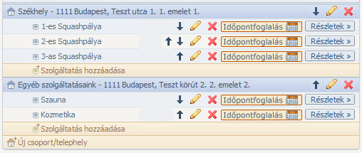 Egy csoportszintű bontásra példa: Minden szolgáltatás mellett nyilak, ceruza és egy piros X található.