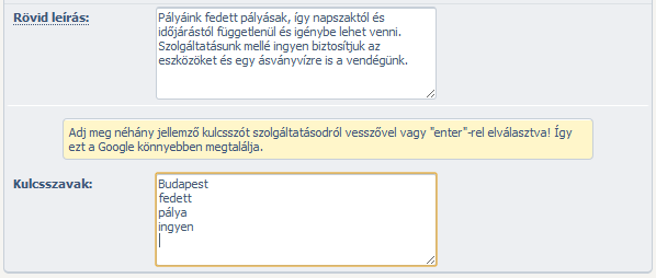 Minden szolgáltatásnál külön megadhatóak kulcsszavak is, amelyek a Google kereséseiben segíti a céget az előrébb kerülésben. 3.