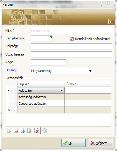 Az ablakban a Név és címadatok megadása kötelező. A Rendelkezik adószámmal kapcsoló nem a tényleges adószámra vonatkozik. Beállításának rezsidíjas számla kiállítás esetén van jelentősége.