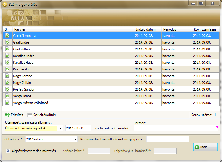 A számlák generálása a Számla generálás menüpont hatására megnyíló ablakból indítva történik.