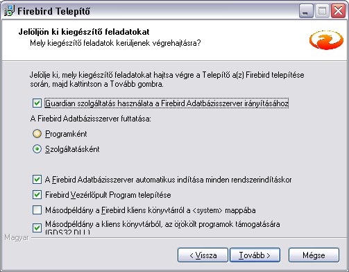 Telepítés Windows környezetben A javasolt Firebird verzió a 2.0.6 sorozat legújabb stabil verziója, aminek a telepítője az alábbi címről tölthető le: http://www.firebirdsql.org/index.php?