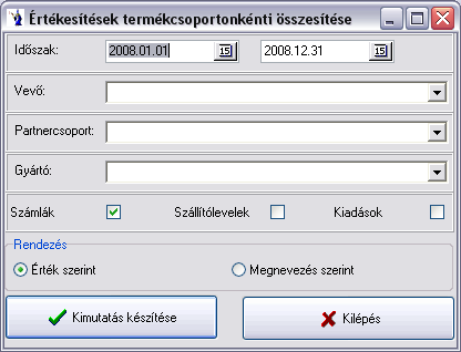 2.5.5. Termékcsoportonkénti összesítés Értékesítéseiről készíthet kimutatást termékcsoportonkénti bontásban. Ki kell választania az időszakot. Szűrést végezhet vevőre, partnercsoportra és gyártóra.