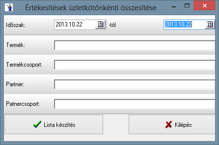 2.5.9. Értékesítések üzletkötőnkénti összesítése Az időintervallum megadását követően szűrés végezhető termékre, termékcsoportra, partnerre, partnercsoportra.