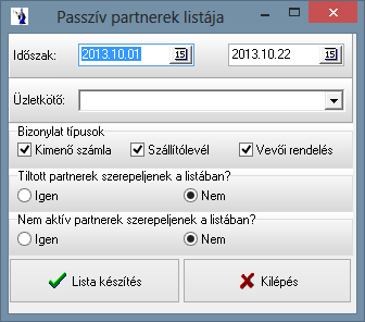 2.5.11. Passzív vevők listája Azt az időpontot kell megadnia, amely dátumtól számítva szeretné a nem vásárolt vevőket kilistáztatni. Szűrésként üzletkötő is megadható.