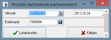 2.7.6. Pénztári befizetések partnerenként A pénzforgalom ellenőrizhetőségét hivatott segíteni a program, mely szükséges a pénzmosásról szóló törvény előírásainak betartásához.