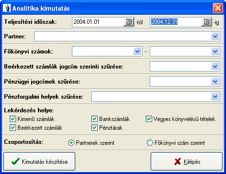 Teljesítési időszak: az időszak a kimenő, illetve beérkezett számlák esetében a teljesítési időszakot jelenti. A bank, pénztár, illetve a vegyes könyvelésű tételek esetén a tétel kelte.