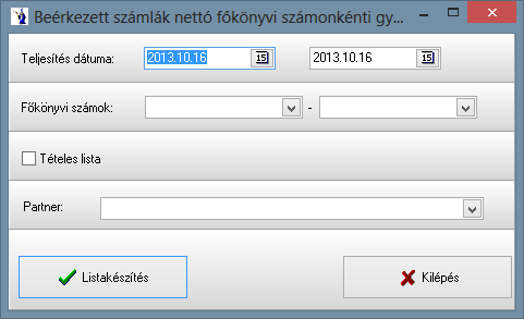 A kimutatás az analitikába rögzített összes beérkezett számla alapján készül. A megadható teljesítési időintervallum mellett természetesen főkönyvi szám intervallum is beállítható.