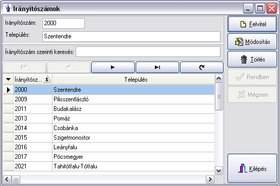 3.33. Irányítószámok Ezen törzsadat a program első indításakor üres, az import gomb megnyomásával kerül az adatbázisba. Magyarország településneveit és azok irányítószámait tartalmazza.