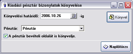 A záró dátum és a megfelelő pénzforgalmi hely megadása után az aktuális naplóállományba könyveli a feltételeknek megfelelő pénztári bizonylatokat.