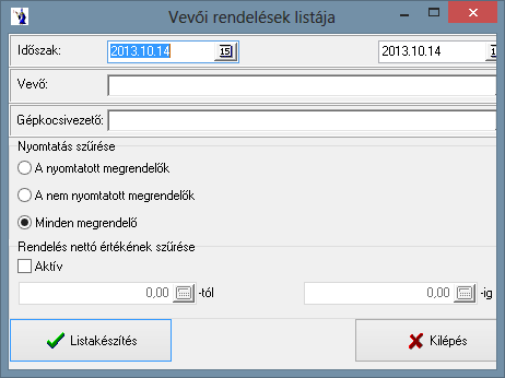 2.2. Vevők rendelései 2.2.1. Vevői rendelések listája A kimutatás lekérhető egy meghatározott időintervallumban. Konkrét vevő vagy gépkocsivezető rendelései is külön gyűjthetők.