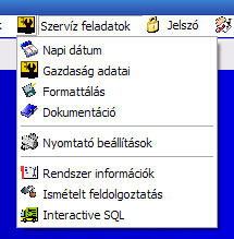 35 8. Szerviz feladatok: Mentés és visszatöltés, adatkarbantartás, egyéb beállításokra van lehetség. A menü alpontjai: 8.1 Napi dátum 8.2 Gazdaság adatai 8.3 Formattálás 8.4 Dokumentáció 8.