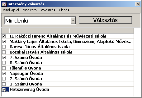 10., Intézmény választás Mivel a SchoolSystem program egyszerre több intézmény kezelésére is alkalmas, ezért a lekérdezéseknél lehetőségünk van az intézmények kiválasztására. 11., Feladás Fogadás 11.