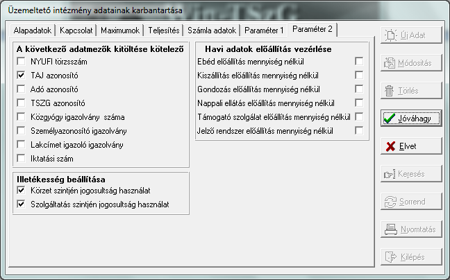 Paraméterek 2: A következő adatmezők kitöltése kötelező: A kijelölt adatok adatmezőit nem lehet üresen hagyni. A TAJ és az adószám adatot a program ellenőrző algorimussal ellenőrzi.