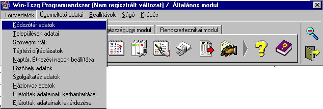 Kilépés Pénzügyi modul Havi feldolgozás Időszaki kimutatás Beállítások Súgó Kilépés Egészségügyi modul Beállítások Súgó Kilépés Rendszertechnikai modul Programkarbantartás Adattár karbantartás