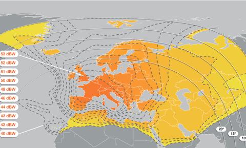 EUTELSAT HOTBIRD TM 8 műhold lábnyomtérképe: A HOTBIRD 8 műholdat 2006. augusztus 5-én állították föld körüli pályára.