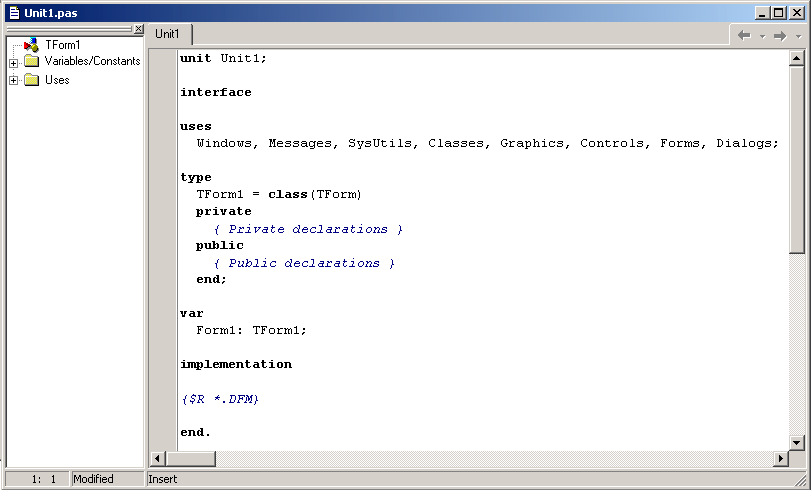 Delphi modul - 1. fejezet 1.5. A formszerkesztő A formszerkesztő az a felület, amelyen a tervezett Windows ablakot kialakítjuk. A formon (űrlapon) kell elhelyezni a menüt, gombokat stb.