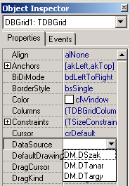 Delphi modul - 11. fejezet 10. Mint látható, a Grid-hez nem fogunk tudni datasource-ot beállítani (próbáljuk ki, ne higgyünk a jegyzetnek!), ugyanis a jelenlegi unitunkban nincsen ilyen.