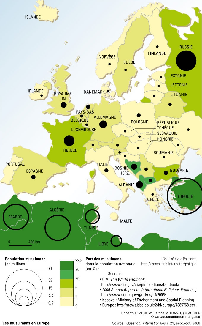 1. ábra: A muszlimok aránya az egyes országok lakosságához viszonyítva Forrás: Euro-iszlám és vezérkultúra, 2007 Franciaországban és Nagy-Britanniában a muszlimok háromötöde francia illetve brit