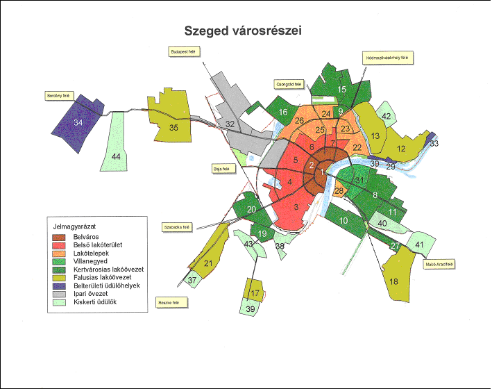 1. térkép: Szeged városrészei Forrás: (Kovács 2003) A város itt bemutatott térbeli egységei nem csupán és nem elsősorban egy-egy szeletei a városszerkezetnek, hanem a település története, kialakulása