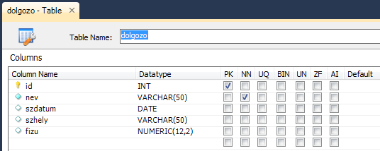 A dolgozo tábla elsődleges kulcsa az id mező, melynek típusa int.