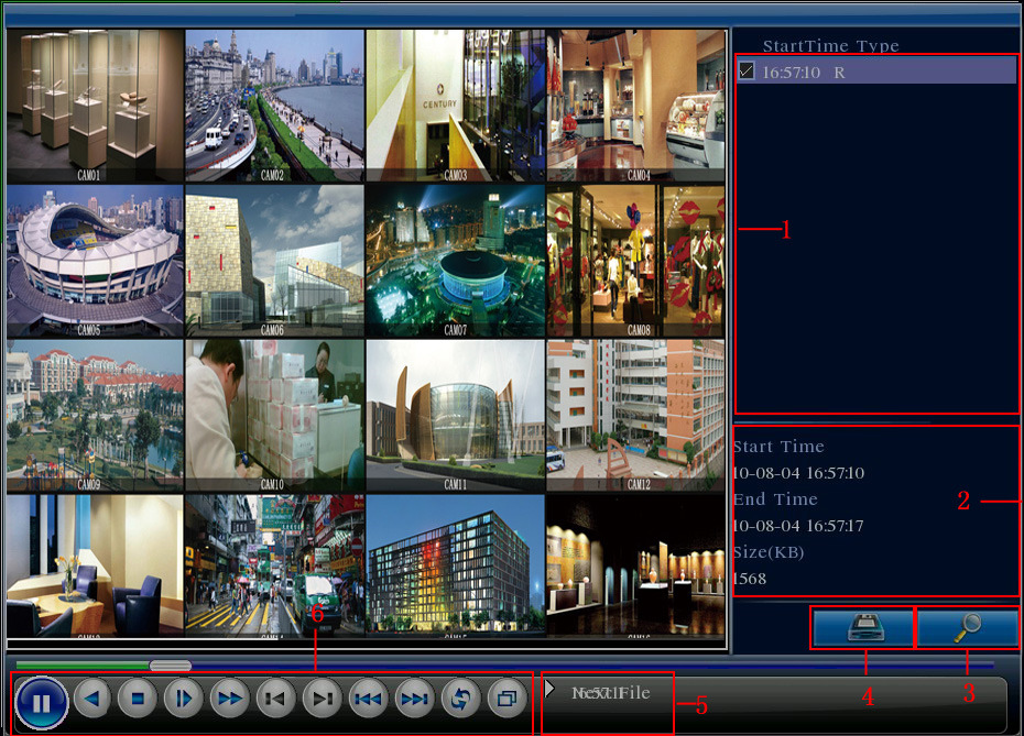 4. kép: Video visszajátszása 1. File beállítások 2. File információk 3. File keresés 4. File mentése 5. Vezérlő ablak 6. Lejátszás vezérlése File beállítások Válassza ki a lejátszást vagy a mentést.